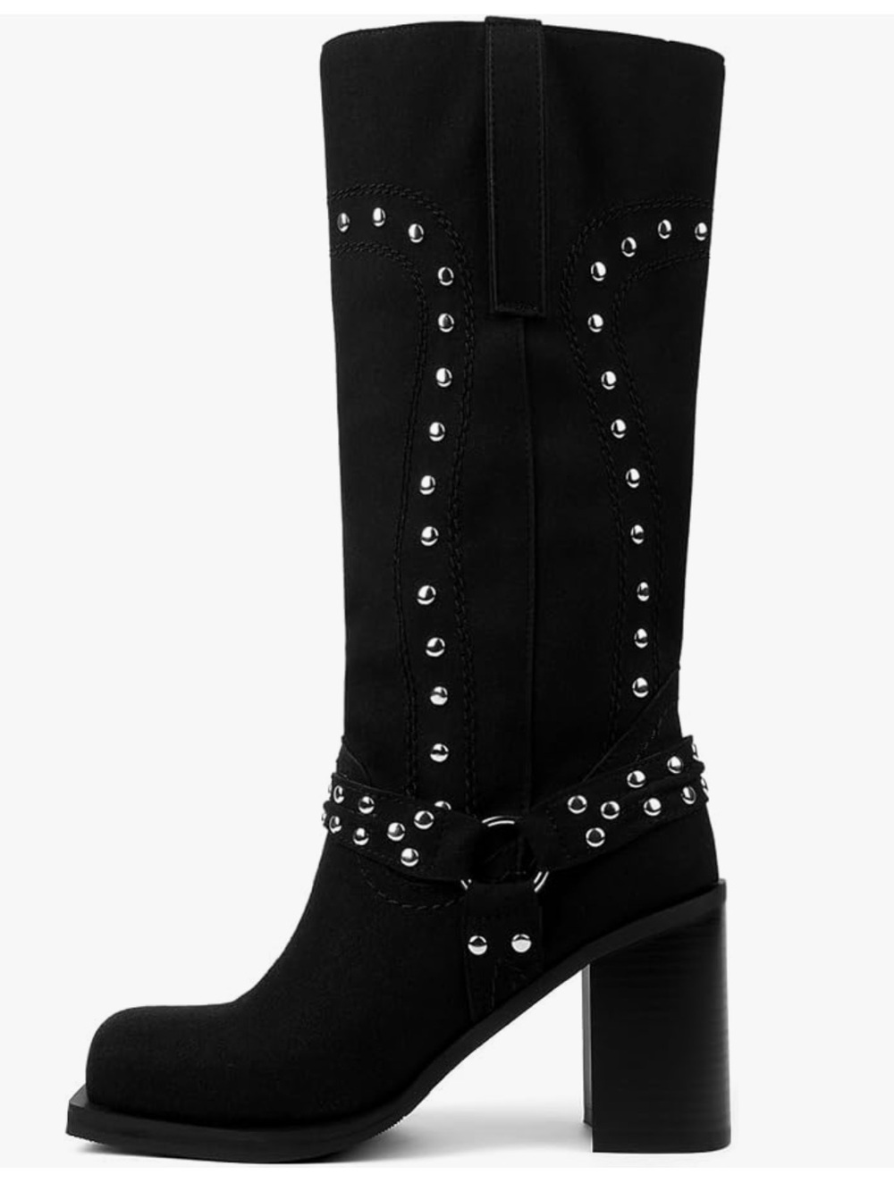 cowgirl western boots with Buckle Square Toe Block Heel faux Suede Riding Studs